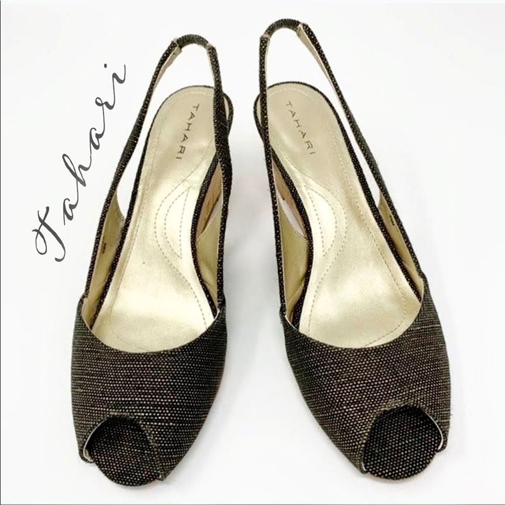 Tahari Womens Metallic Gold Leola Open Toe Wedge